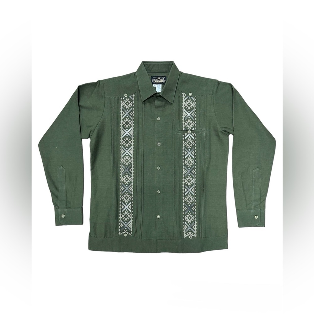 Men’s Linen Olive Green Guayabera with Tan Embroidery Long Sleeve